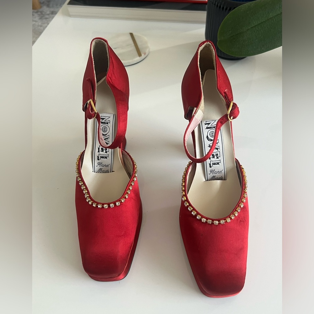 VINTAGE CUSTOM Novel Red Satin Heels with Gold Rhinestone Accents Hand Made 90s